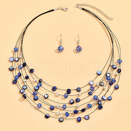 Bohemian Style Alloy & Shell Flat Round Beaded Multilayer Necklaces & Dangle Earrings Sets FS-WGABD8B-02-1