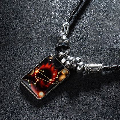 Luminous Alloy Glass Rectangle with Constellation Pendant Black Braided PU Leather Cord Necklaces WGCC9BA-05-1