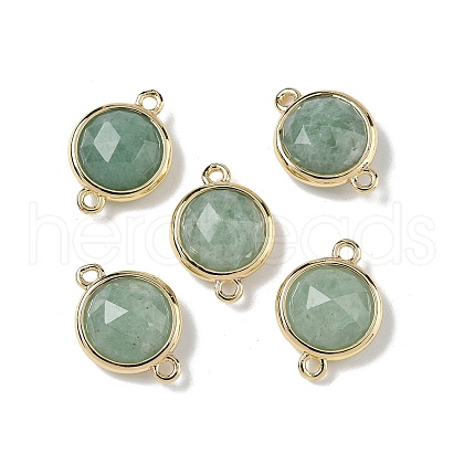 Brass Pave Natural Green Aventurine Faceted Flat Round Connector Charms G-U028-04G-08-1