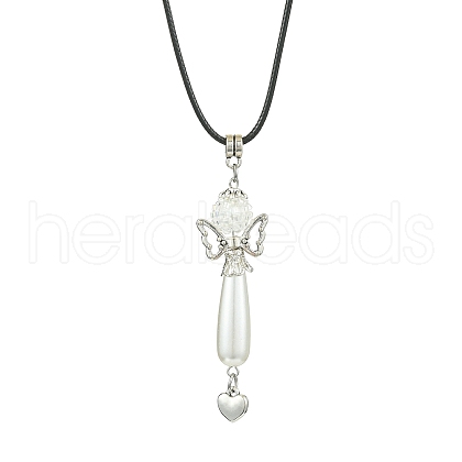 Acrylic Imitation Pearl & Glass Alloy Wing Angel Pendant Necklaces NJEW-MZ00052-1