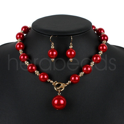 ABS Plastic Imitation Pearl Round Beaded Pendant Necklaces & Dangle Earrings Sets for Women WGD1C77-04-1