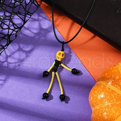 Halloween Theme Skeleton Glass Seed Beaded & Natural Black Onyx(Dyed & Heated) & Skull Dyed Synthetic Turquoise Pendant Necklaces NJEW-MZ00117-03-1