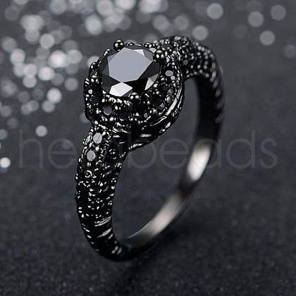 Flat Round Brass Jet Rhinestone Finger Rings FS-WG232E0-05-1