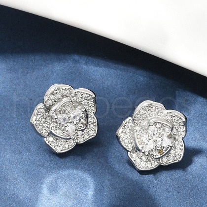Flower Brass Micro Pave Clear Cubic Zirconia Stud Earrings EJEW-M082-19P-1