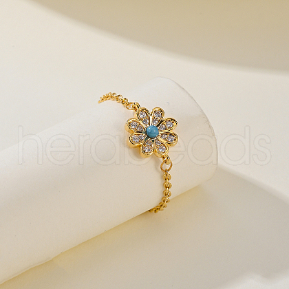 Vintage Brass Cubic Zirconia Flower Adjustable Chain Women's Ring RS9659-1