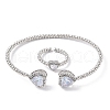 Heart Brass Micro Pave Cubic Zirconia Cuff Bangles & Rings Sets for Women SJEW-R002-05P-03-4