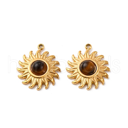 304 Stainless Steel Pave Natural Tiger Eye Sun Charms STAS-I331-30G-1