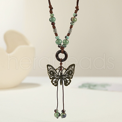 Ethnic Style Butterfly Alloy & Porcelain Beads Pendant Long Necklaces for Women FS-WG12891-07-1