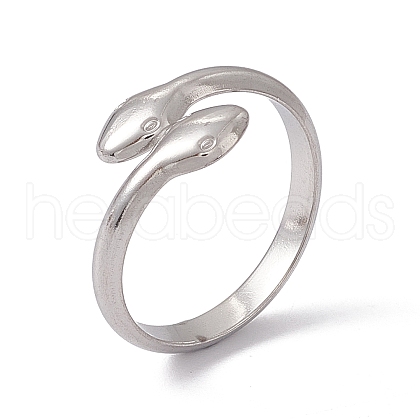 Non-Tarnish 304 Stainless Steel Double Snake Open Cuff Ring for Women RJEW-C045-14P-1