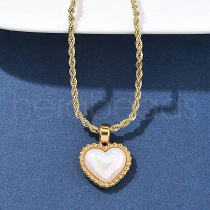 304 Stainless Steel Pave Shell Heart Pendant Rope Chain Necklaces for Women NJEW-Z070-02G-1