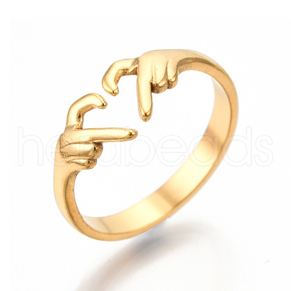 Ion Plating(IP) 304 Stainless Steel Hand Heart Cuff Rings RJEW-N038-121LG-1