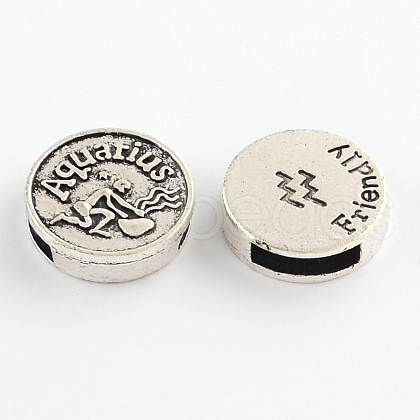 Antique Silver Plated Tibetan Style Flat Round Alloy Slide Charms TIBEB-Q063-02AS-NR-1