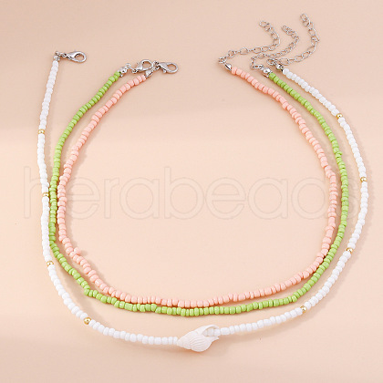 3Pcs Shell Shape Glass Seed Beaded with Plastic Pearl Beaded Necklace Sets for Women FS-WGE85A7-06-1