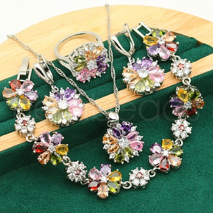Flower Brass Pave Cubic Zirconia Pendant Necklaces & Earring & Ring & Link Bracelets Sets for Women FS-WGF337B-04-1