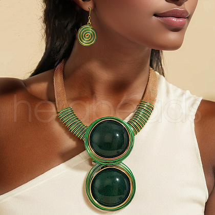Flat Round Alloy with Aluminium Wire Wrapped Resin Pendant Necklace & Dangle Earrings Sets FS-WGE917F-03-1