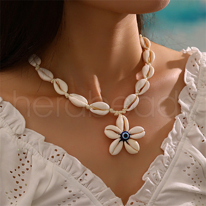 Summer Beach Natural Cowrie Shell Flower with Blue Resin Evil Eye Pendant Adjustable Necklaces for Women FS-WG177B0-02-1
