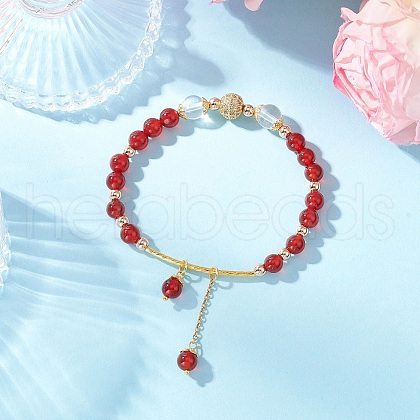 Natural Carnelian Round Beaded Charm Bracelets for Women BJEW-JB11931-02-1