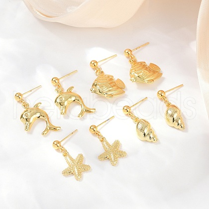 Shell Shape & Starfish & Dolphin & Fish Brass Dangle Stud Earrings EJEW-Z115-02G-1