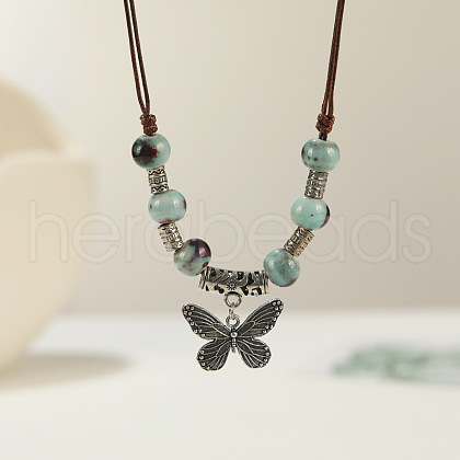 Ethnic Style Butterfly Alloy & Porcelain Beads Pendant Long Necklaces for Women FS-WG12891-12-1