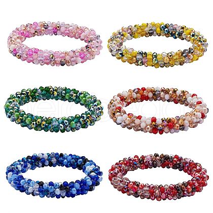 6Pcs 6 Colors Glass Beaded Crochet Stretch Bracelets Set BJEW-SZ0002-47-1