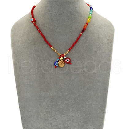 Red Blue Evil Eye Glass & Alloy Star & Flat Round Pendant Necklaces for Women FS-WG3BEAB-01-1
