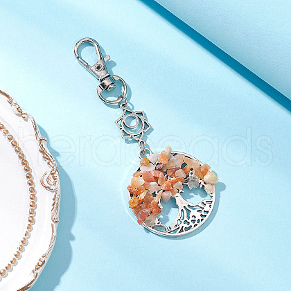 Natural Red Aventurine Chips Beads & Alloy Tree of Life Pendant Decorations HJEW-JM03128-06-1