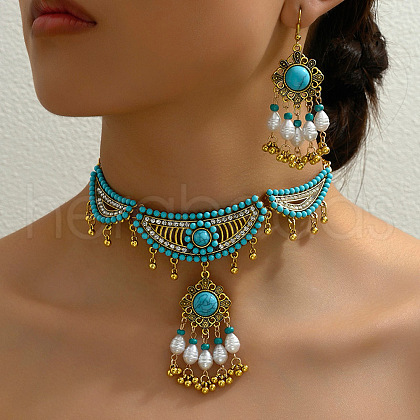 Flower Alloy & Synthetic Turquoise Pendant Necklaces & Dangle Earrings Sets FS-WG5F2DC-01-1