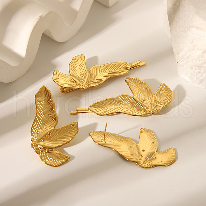 Fashionable Stainless Steel Leaf Stud Earrings & Hair Bobby Pin Set for Women SH3836-1-1