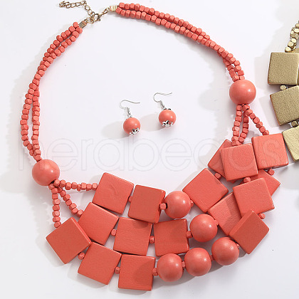 Bohemian Style Wood Square & Round Beaded Multilayer Necklaces & Dangle Earrings Sets FS-WG2F343-02-1