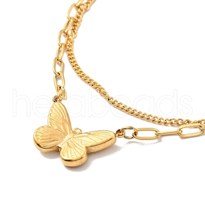 Butterfly Charm Double Layer Necklace with Clear Glass NJEW-G036-11G-1