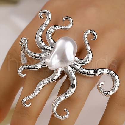Octopus Brass & Acrylic & Plastic Pearl Finger Rings for Women FS-WGF8E69-01-1