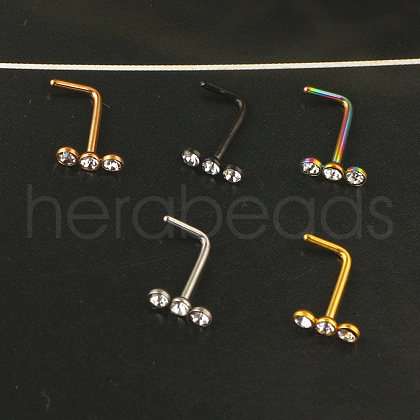 304 Stainless Steel Crystal Rhinestone 3 Flat Round L-Shaped Nose Rings WGC87C3-04-1