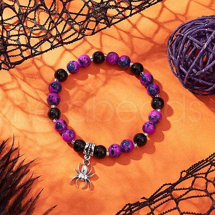 Halloween Theme Baking Painted Glass Round Beads Stretch Bracelets for Women BJEW-MZ00186-02-1