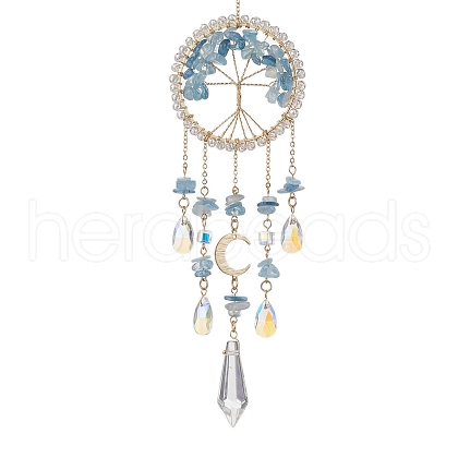 Wire Wrapped Natural Aquamarine Chip Tree of Life Window Hanging Prism Ornaments HJEW-TA00283-01-1