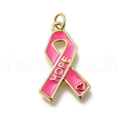 October Breast Cancer Pink Awareness Ribbon Brass Enamel Pendants KK-G525-10G-06-1