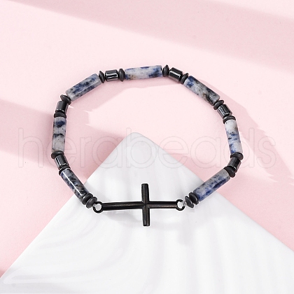 Column Natural Blue Spot Jasper Bead Stretch Bracelets BJEW-F493-03EB-1