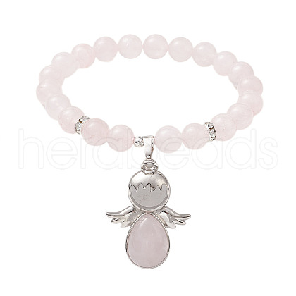 Natural Rose Quartz Stretch Bracelets with Angel Charms BJEW-JB11046-02-1