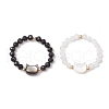 Natural Rainbow Moonstone and Natural Black Tourmaline Beaded Rings RJEW-TA00196-2