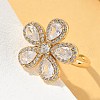 Flower Brass Micro Pave Cubic Zirconia Cuff Rings for Women RJEW-A069-14G-03-3