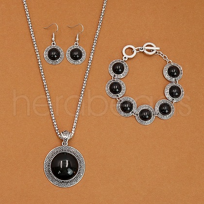Flat Round Alloy with Synthetic Turquoise Pendant Necklaces & Dangle Earrings & Link Bracelets Sets WGD1135-03-1