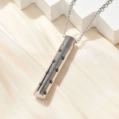 304 Stainless Steel Black Paw Print Column Keepsake Ashes Memorial Pendant Necklaces NJEW-P326-05P-1