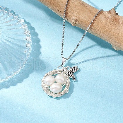 Mother's Day Jewellery Natural Cultured Freshwater Pearl Copper Wire Wrapped Bird Egg Nest Pendant Necklaces NJEW-TA00190-1