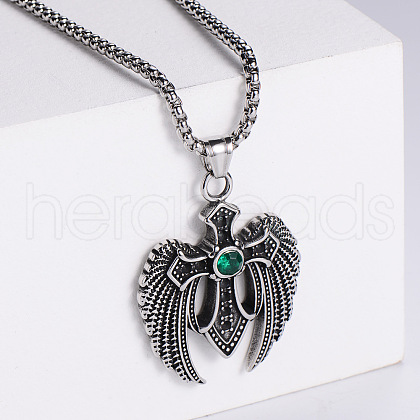 Punk Retro Stainless Steel Pave Green Cubic Zirconia Cross Angel Wing Pendant Necklaces for Men GM5951-1