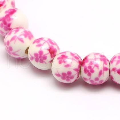 Handmade Flower Printed Porcelain Ceramic Beads Strands PORC-M005-6mm-03-1