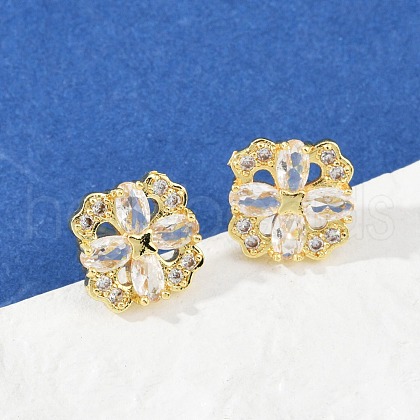 Flower Brass Micro Pave Clear Cubic Zirconia Stud Earrings EJEW-U064-02G-1