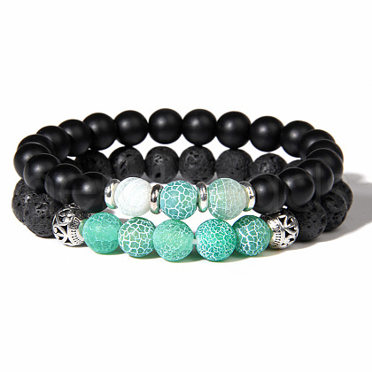 Natural Lava Rock & Frosted Stone Round Beads Stretch Bracelet Set Women DF9720-4-1