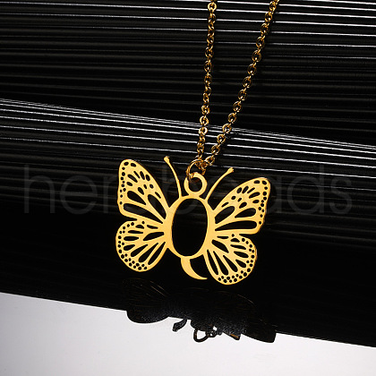 304 Stainless Steel Butterfly Initial Pendant Necklaces WG80197-17-1