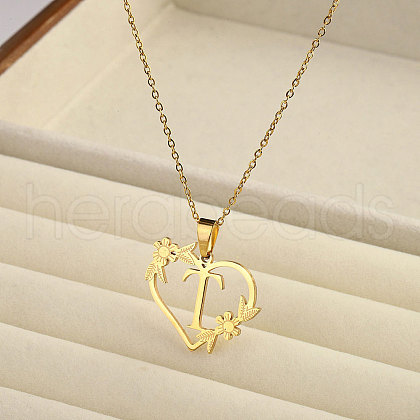 201 Stainless Steel Flower Heart Initial Pendant Necklaces for Women FS-WG08285-18-1