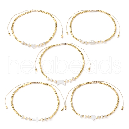 Natural Shell & Pearl & Seed Braided Bead Bracelets BJEW-JB09720-1