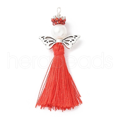 Glass Pearl Round Beaded with Polycotton Tassel Big Pendants PALLOY-MZ00612-04-1